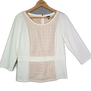 Ann Taylor Blouse Cream Lace Front Panel L Peplum 3 4 Sleeve Feminine